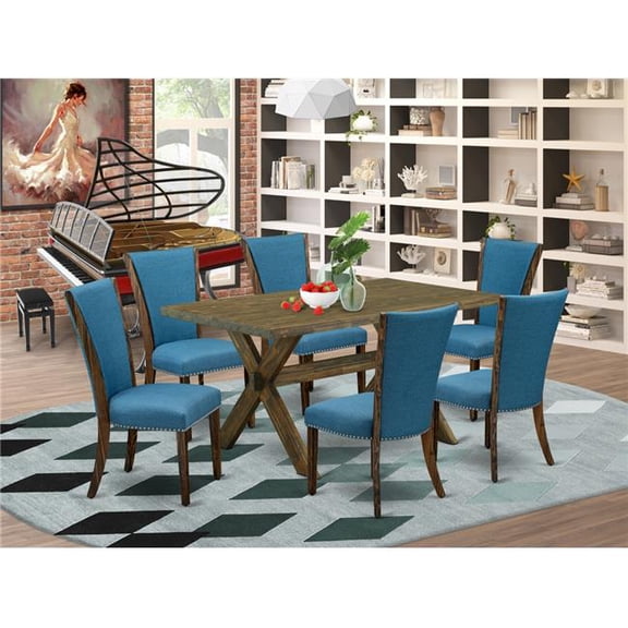 7 Piece X-Style Dinette Set - Distressed Jacobean & Blue