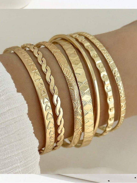 7-Piece Yellow Gold-12 Stackable Bangle Set With Embossed & Twist Designs