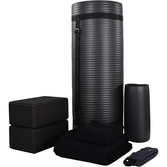 7-Piece Yoga Set with 71x24x1 Inches Extra Thick Mat and Carrying Sling Includes 2 Blocks, Stretch Strap, 2 Towels, and Knee Pad for Home, Studio, and Gym Workouts