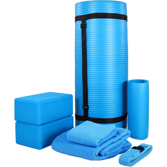 7-Piece Yoga Set with 71x24x1 Inches Extra Thick Mat and Carrying Sling Includes 2 Blocks, Stretch Strap, 2 Towels, and Knee Pad for Home, Studio, and Gym Workouts