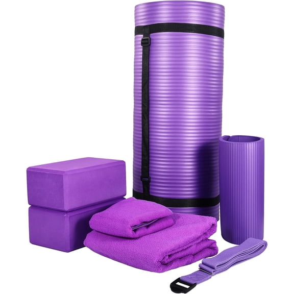 7-Piece Yoga Set with 71x24x1 Inches Extra Thick Mat and Carrying Sling Includes 2 Blocks, Stretch Strap, 2 Towels, and Knee Pad for Home, Studio, and Gym Workouts