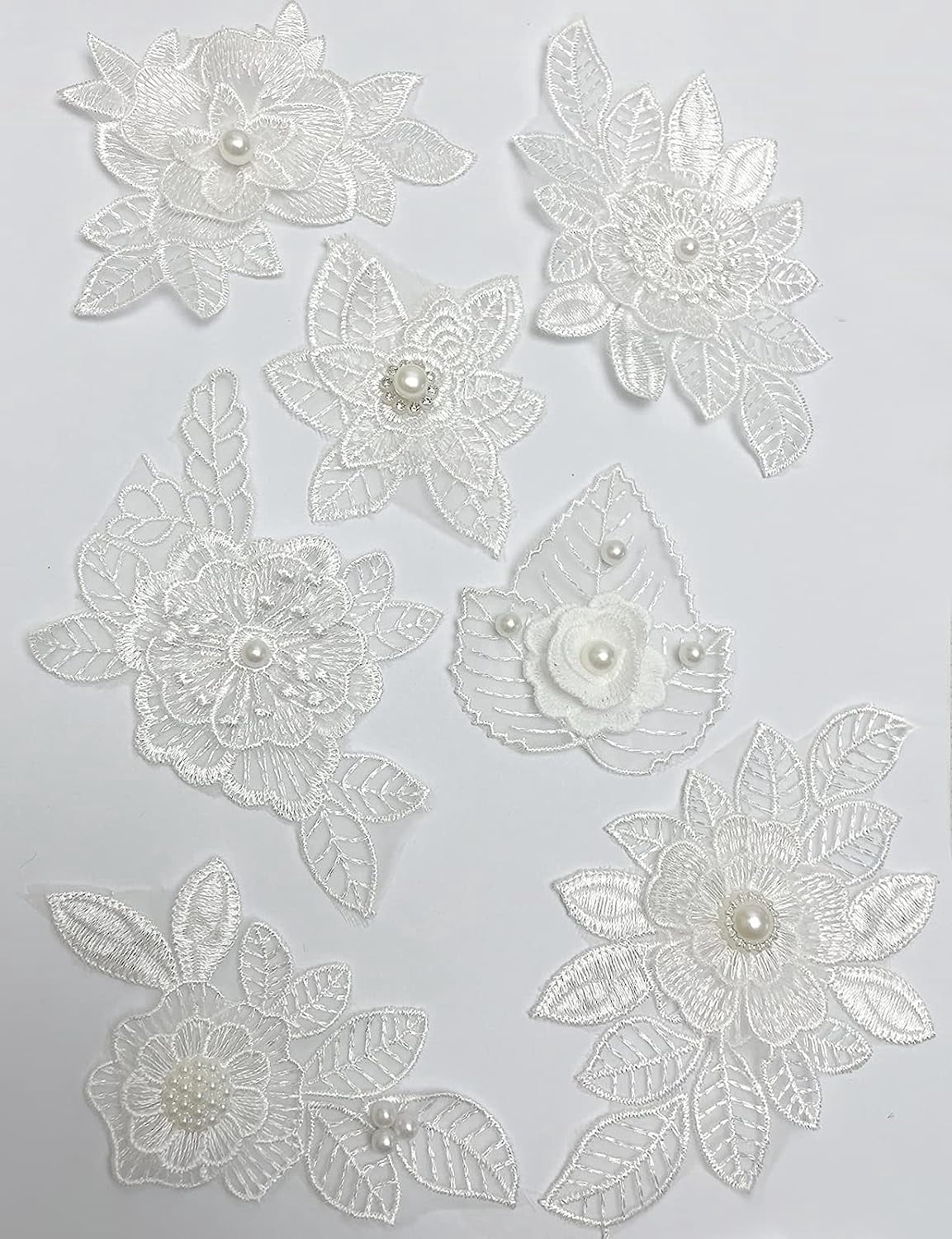 7 Pieces 3D Flower Lace Embroidery Appliques Pearl Patch DIY Wedding Dress Sewing Craft Clothing Jeans Jackets Bags (7pcs, White)