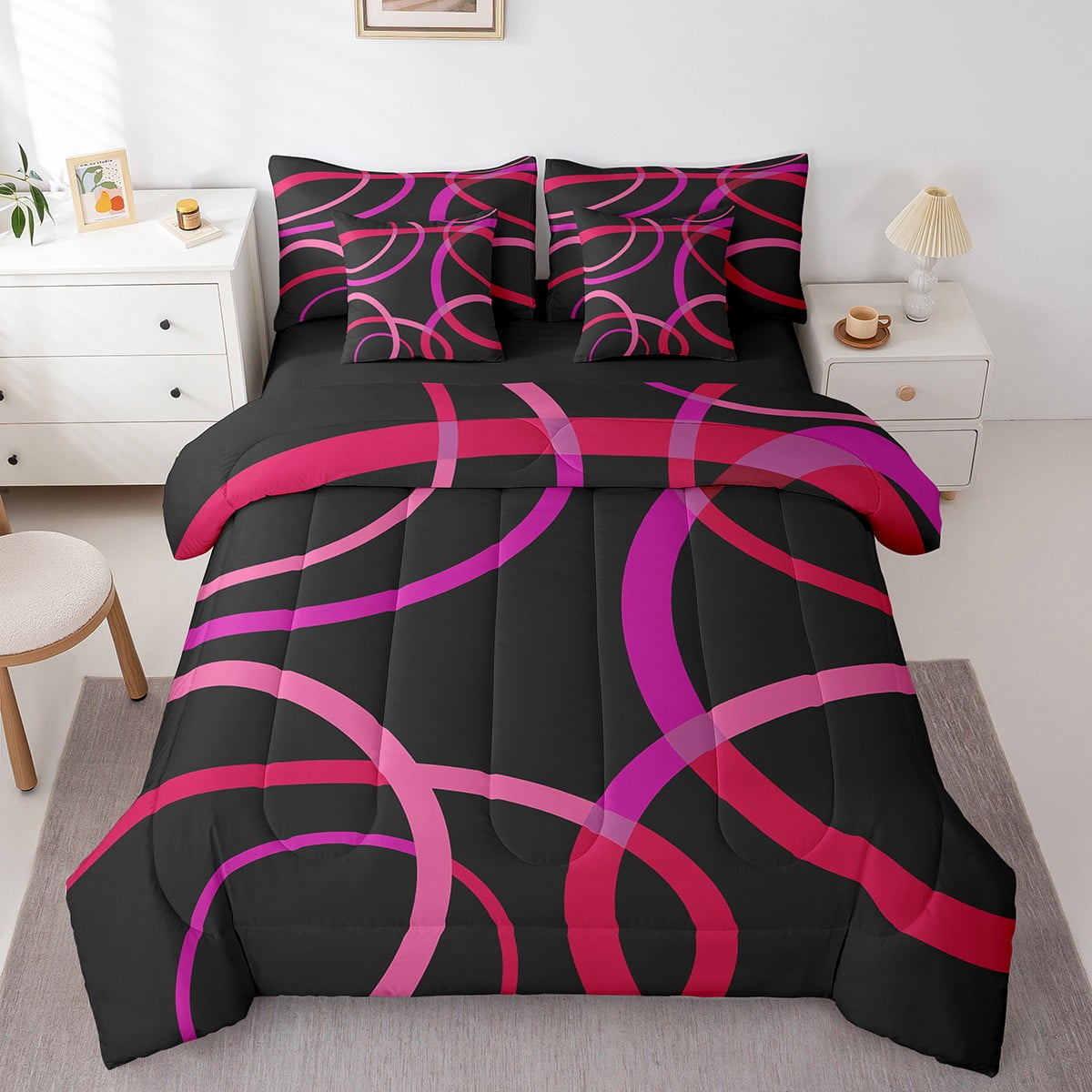 7 Pieces Abstract Circle Bedding Comforter Sets Black and Hot Pink Red