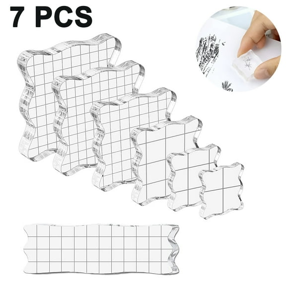 7 Pieces Acrylic Stamp Block Assorted Sizes Clear Acrylic Mounting Blocks Set, Decorative Stamp Blocks with Grid Lines for Scrapbooking Crafts Making