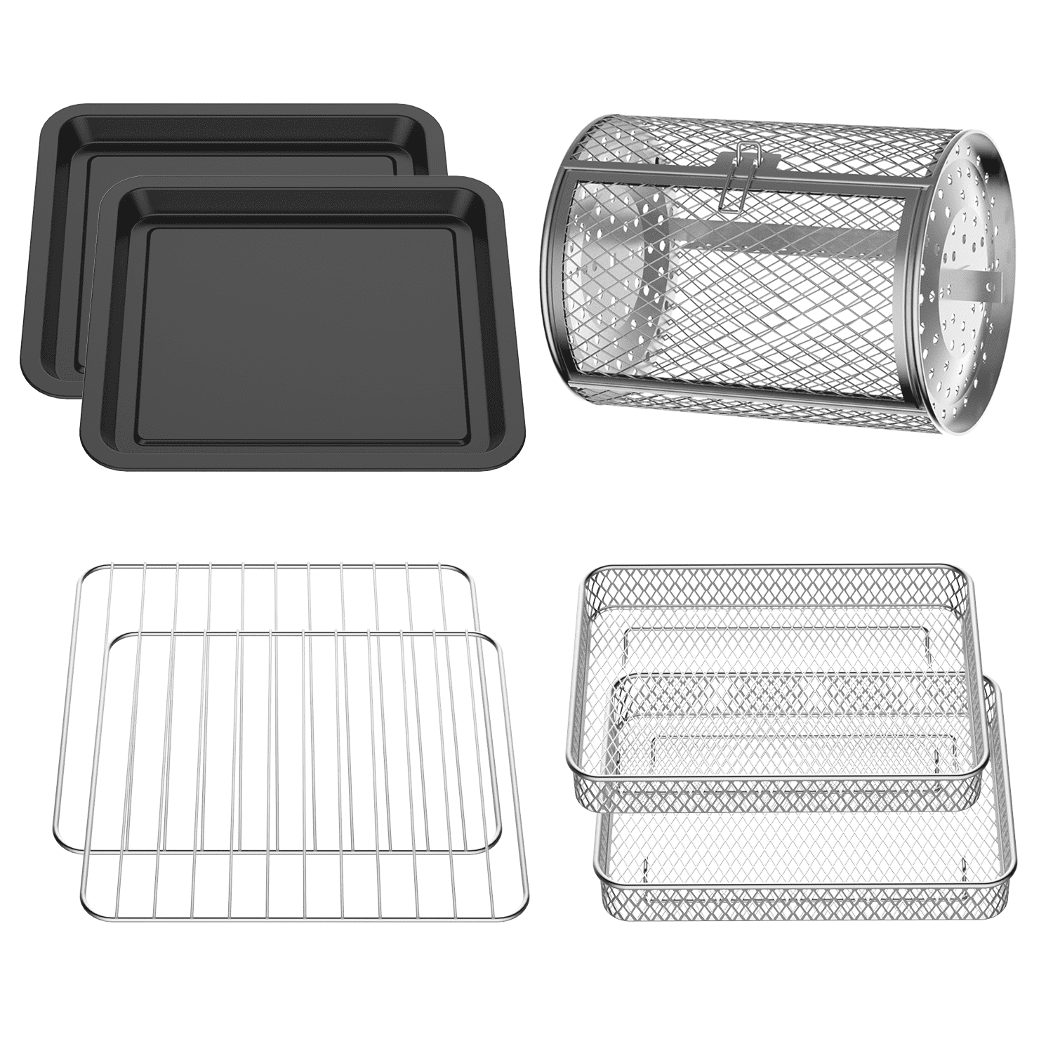 7-Pieces Air Fryer Oven Accessories Kit for Multi Brands, Rotisseries Drum,  Baking Rack, Air Fryer Basket, Baking Tray, Easy Clean, Black Silver