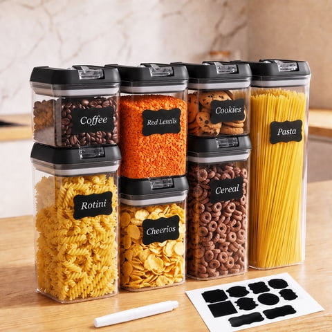 YEERSWAG® 7pcs Airtight Food Storage Containers,4 Assorted Sizes Stackable Pantry Canisters with Black Lids,BPA-Free Clear Dry Food Jars for Pasta Cereal Flour,Interchangeable Lids with Labels,Marker