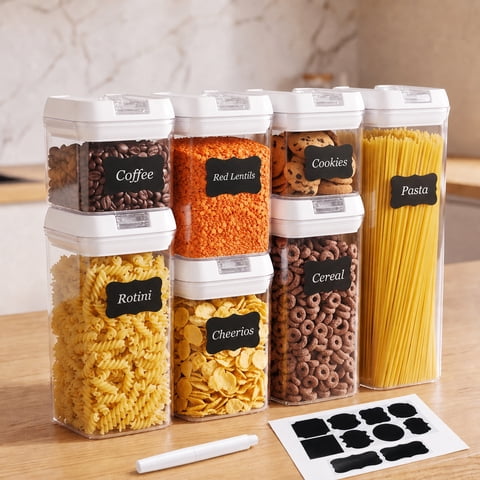 YEERSWAG® 7Pcs Airtight Food Storage Containers,Stackable Pantry Canisters with Interchangeable White Lids,Reusable Labels & Marker,BPA-Free Clear Dry Food Jars for Spaghetti Cereal Flour Nuts