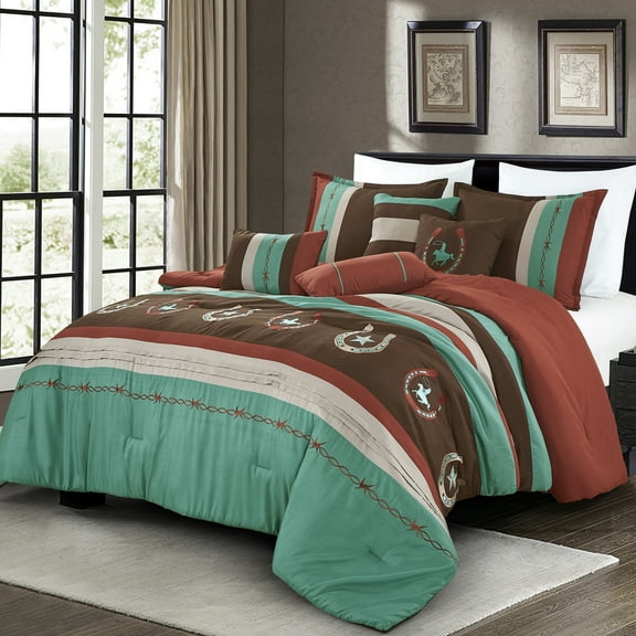 7-Pieces Aulani Western Brown and Teal Comforter Set Southwest Bedding King Size