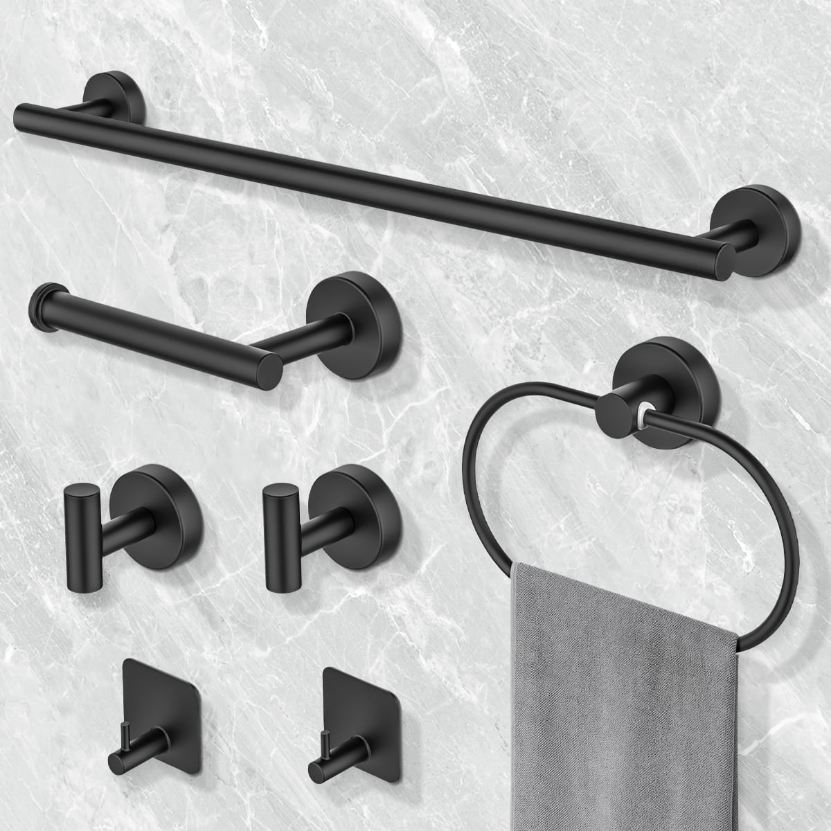 7 Pieces Bathroom Hardware Set, Bathroom Accessories Set Includes 24" Towel Bar, Toilet Paper Holder, Towel Ring, Robe Hook, Matte Black & 304 Stainless Steel, Wall Mounted Bathroom Towel Rack Set