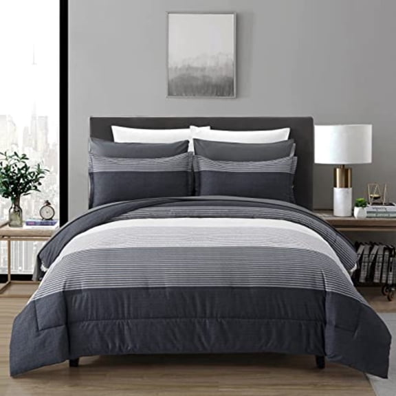 7 Pieces Bed in a Bag Black Grey Queen Size Comforter Set Lightweight Striped Microfiber Bedding Comforter Sets for Queen Bed 1 Comforter 2 Pillowcase 2 Pillow Shams 1 Flat Sheet 1 Fitted Sheet