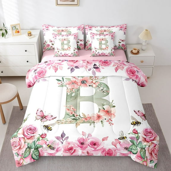 7 Pieces Bed in a Bag Queen Bedding Set with Sheets,Floral A-Z Comforter Sets for All Season,1 Comforter, 2 Pillow Shams, 1 Flat Sheet, 1 Fitted Sheet, 2 Pillowcases