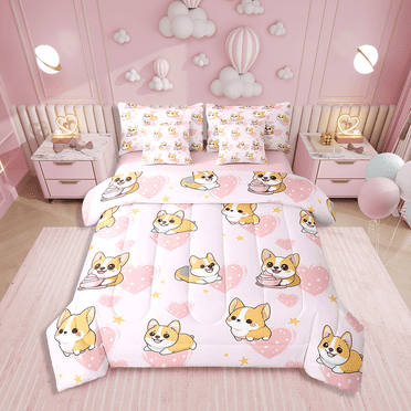 7 Pieces Bed in a Bag Twin Bedding Set with Sheets,Cartoon Corgi Dog Comforter Sets for All Season,1 Comforter,2 Pillow Shams,1 Flat Sheet,1 Fitted Sheet,2 Pillowcases