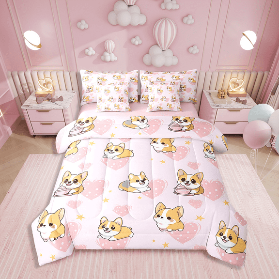 Erosebridal 7 Pieces Kawaii Dogs Twin Bedding Sets For Girls,Cartoon Corgi Dog Comforter Sets For All Season,1 Comforter,2 Pillow Shams,1 Flat Sheet,1 Fitted Sheet,2 Pillowcases