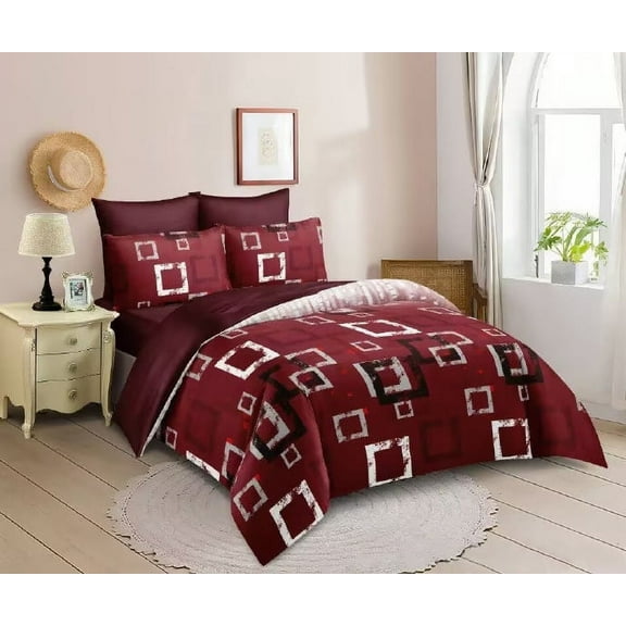 7 Pieces Bed in A Bag, Red Black White Geometry Comforter Set Queen Size, Abstract Art Comforter and Sheet Set,All Season Reversible Bedding Set