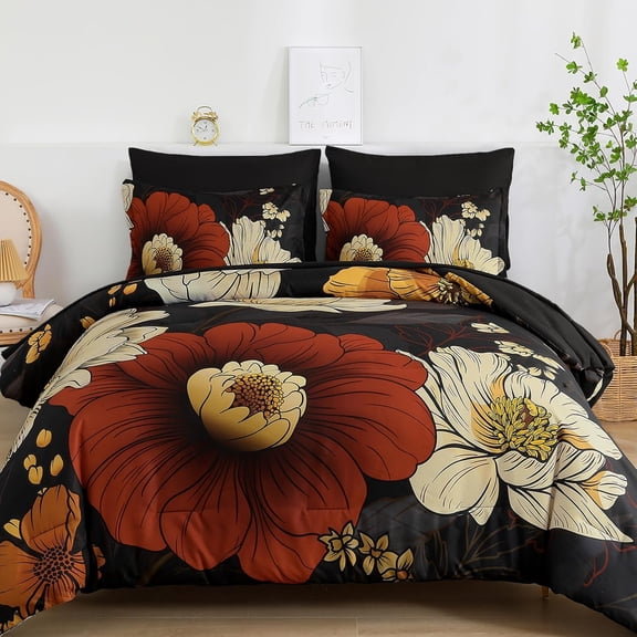 7 Pieces Bed in a Bag Black Floral Comforter Set Queen Size Boho Flower Bedding Sets Lightweight for All Season