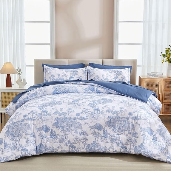 7 Pieces Bed in a Bag Blue Comforter Set Queen Size Botanical Elegant Plants Print Bedding Sets for All Season