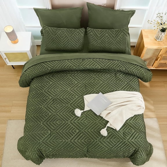 7 Pieces Bed in a Bag Olive Green Bedding Comforter Sets, Tufted Bed Set with Comforter, Sheets, Pillowcases & Shams