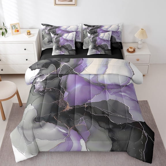 7 Pieces Black Purple Marble Bedding Comforter Sets Watercolor Aesthetic Bed in a Bag, Abstract Marbling Twin Bedding Sets Stone Pattern Comforter Set, Gold Metallic Bedding Set Bedroom Decor