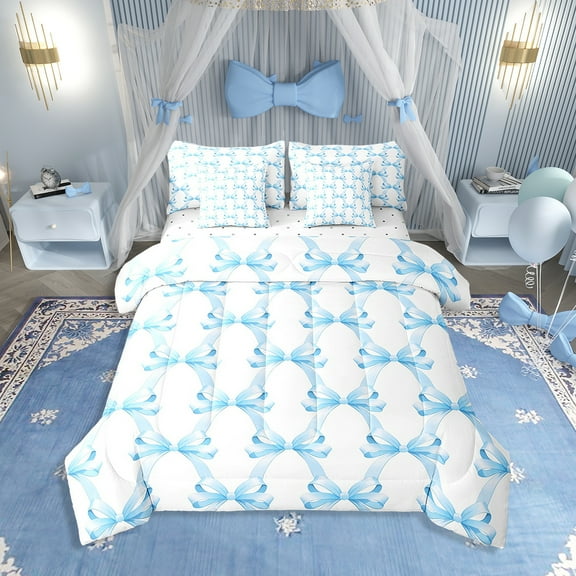 7 Pieces Blue Bowknot Comforter Twin,Bow Tie Butterfly Knot Geometric Patchwork Bedding Set,Cute Princess Romantic Noble（Comforter+Fitted+Flat Sheet+2 Pillowcases+2 Throw Pillow Covers）