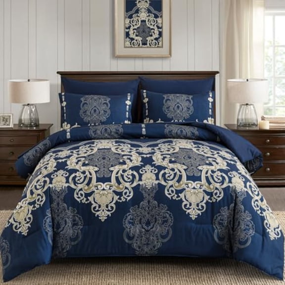7 Pieces Blue Gold Comforter Set King Size Damask Bed in a Bag for King Bed Lightweight Microfiber Boho Bedding Sets with Comforter Sheet Pillowcases Shams for All Season 90x104