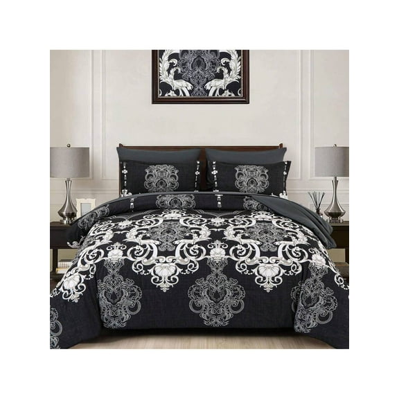 7 Pieces Boho Bed In A Bag For Queen King Bed, Black Damask Comforter Set With Sheets, Pillowcases & Shams, Soft Microfiber Lightweight Bedding Sets For All Season