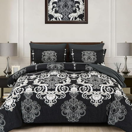 7 Pieces Boho Bed in a Bag King Size Black Damask Comforter Set Bedding Set All Season