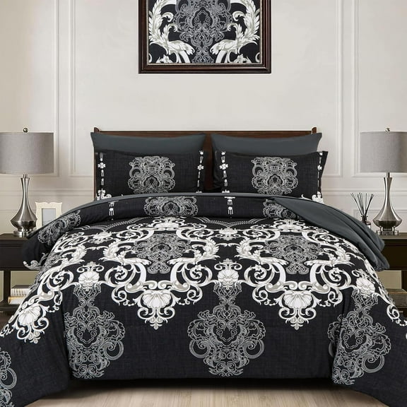 7 Pieces Boho Bed in a Bag King Size Black Damask Comforter Set Bedding Set All Season