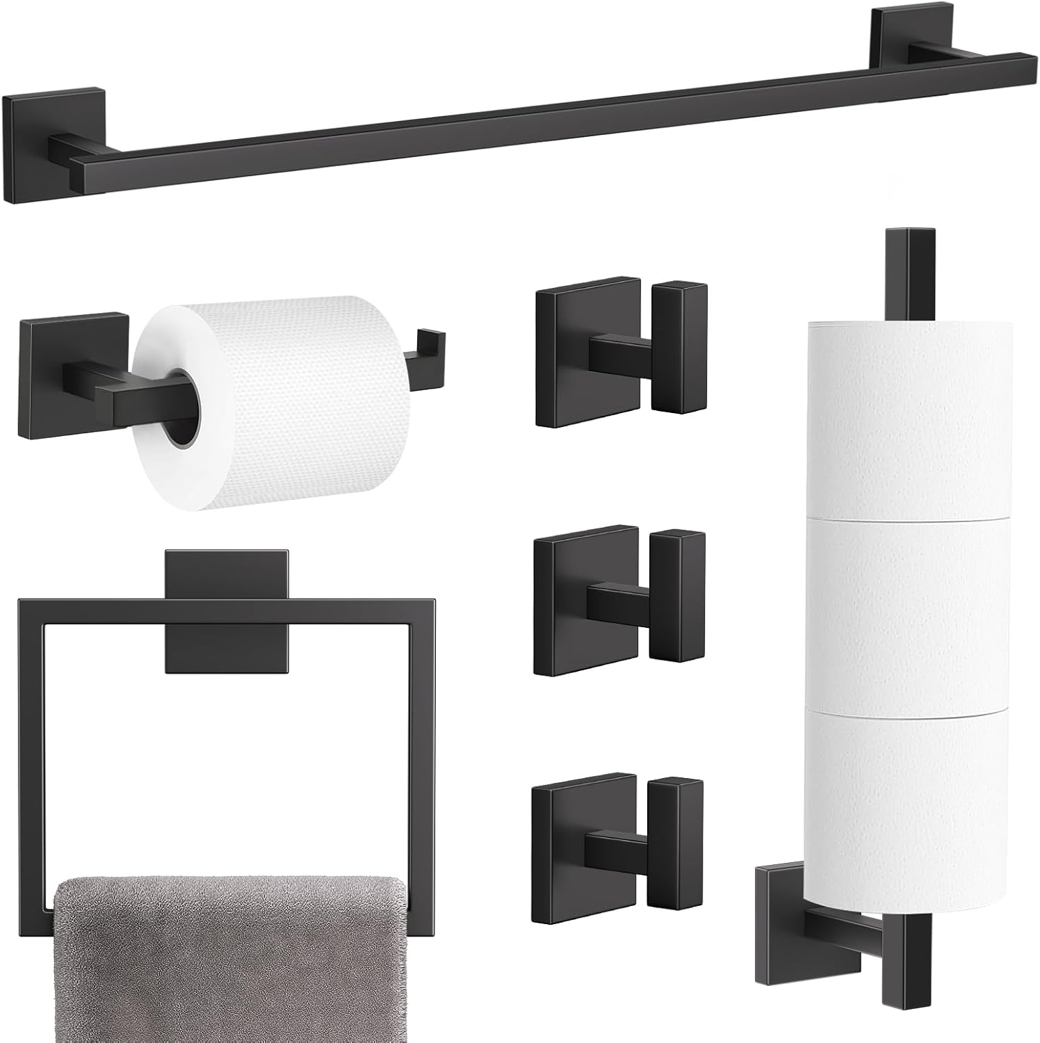7-Pieces Brushed Nickel Bathroom Hardware Accessories Set 23.6" SUS304 Stainless Steel Towel Bar Set Toilet Paper Spare Rolls Storage Holder Wall Mounted
