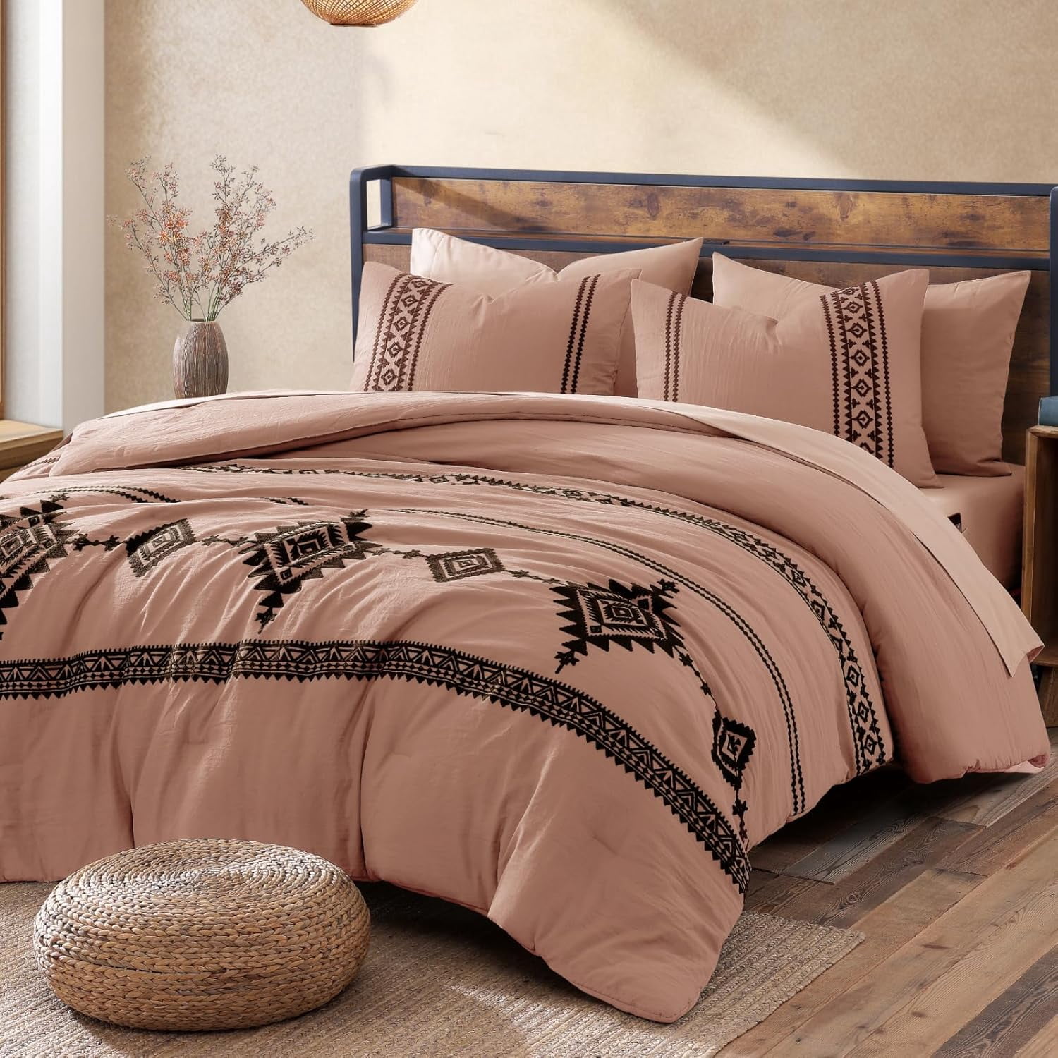 7-Pieces Burnt Orange Embroidery Boho Farmhouse Bedding Set, All Season ...