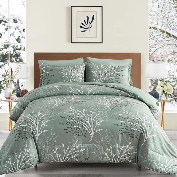 7 Pieces California King Size Gray Branch Botanical Bedding Set, Soft Microfiber Floral Pattern All Season Bed in a Bag