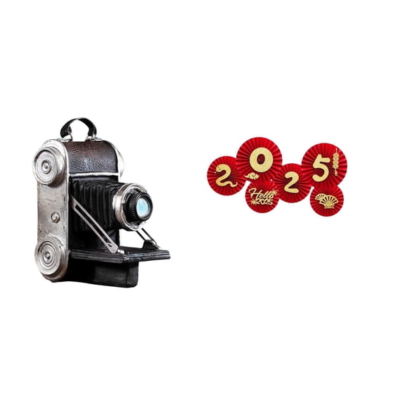 7 Pieces Camera Statue Showcase Prop Craft Desktop Festive Folding Fan Resin Paper for Photo Studio Spring Festival