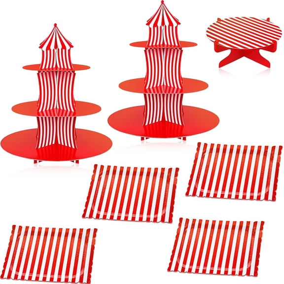 7 Pieces Carnival Cake Stand Set 3 Tier Circus Carnival Cupcake Stand 1 Tier Round Cake Rack Rectangle Serving Tray Reusable Platters Cupcake Holders for Circus Birthday Party Supplies Decor