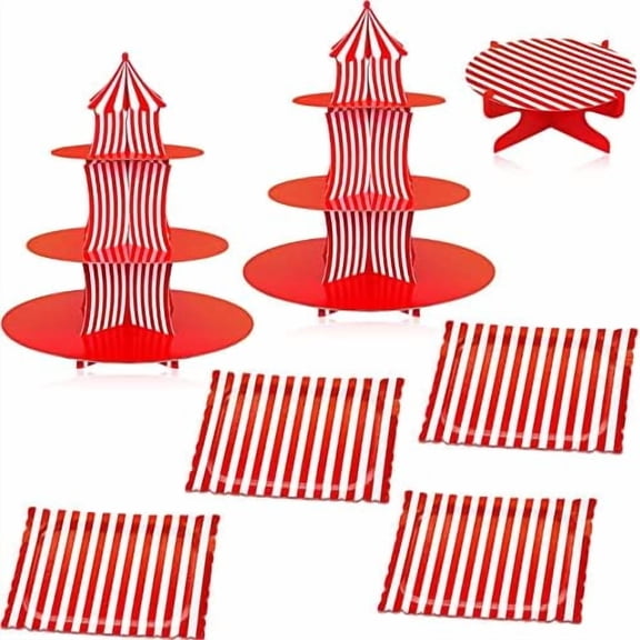 7 Pieces Carnival Cake Stand Set 3 Tier Circus Carnival Cupcake Stand 1 Tier Round Cake Rack Rectangle Serving Tray Reusable Platters Cupcake Holders for Dessert Circus Birthday Party Supplies
