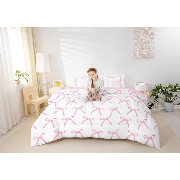 7 Pieces Cartoon Bowknot Kids Comforter Full,Pink Bow Tie Butterfly Knot Princess Bedding Set,Watercolor Bow Patchwork Pink White(Comforter+Fitted+Flat Sheet+2 Pillowcases+2 Throw Pillow Covers)