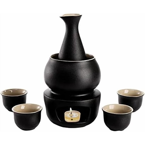 7 Pieces Ceramic Japanese Sake Set with Warmer, Hot Saki Set - Black