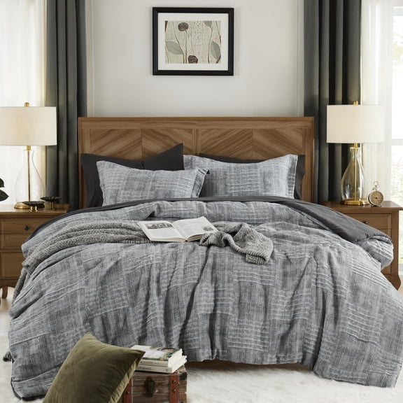 7 Pieces Charcoal Grey King Comforter Set ,Textured Design Grey Crinkle Bed in A BagBedding Set,for Men Women with Comforter Sheets Pillowcases Shams