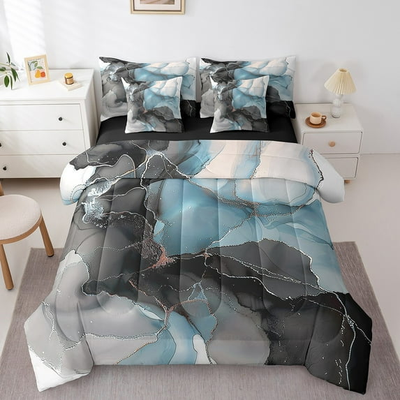 7 Pieces Chic Marble Bedding Comforter Sets Black Blue Watercolor Bed in a Bag , Mountain Fluid Queen Bedding Sets Aesthetic Marbling Comforter Set, Stone Pattern Bedding Set