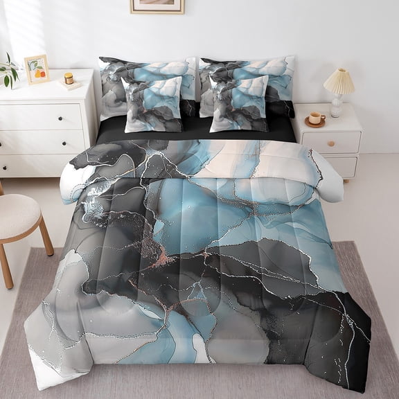 7 Pieces Chic Marble Bedding Comforter Sets Black Blue Watercolor Bed in a Bag , Mountain Fluid Queen Bedding Sets Aesthetic Marbling Comforter Set, Stone Pattern Bedding Set