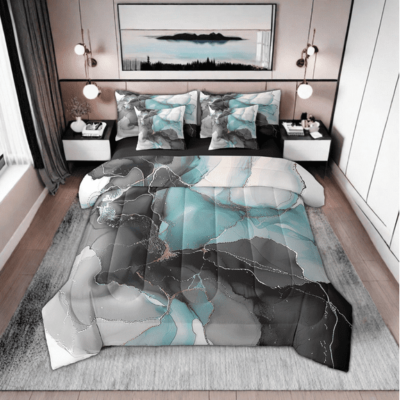 7 Pieces Chic Watercolor Bedding Comforter Sets Black Teal Marble Bed in a Bag, Stone Pattern King Bedding Sets Golden Metallic Comforter Set, Aesthetic Foil Print Bedding Set Teens Adults