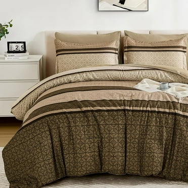 7 Pieces Comforter Set King Size, Brown Striped Bed in a Bag Comforter and Sheet Set, Bohemian Soft Lightweight Micorfiber Bedding Set for All Season (90"×104")