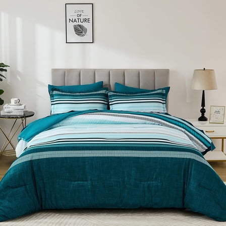 Teal Queen Size Comforter Set 7 Pieces Blue Boho Striped Bed in a Bag All Season Soft Microfiber Bedding Set
