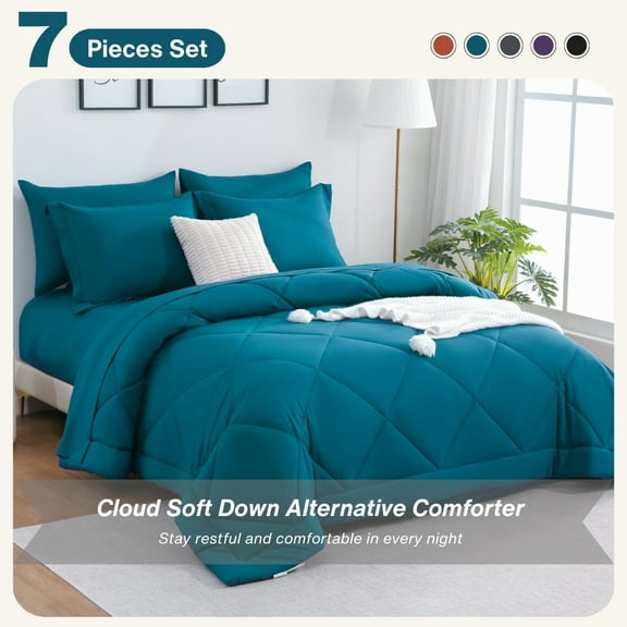 7 Pieces Comforter Set With Sheets, Bed In A Bag All Season Bedding Sets With Comforter, Pillow Shams, Flat Sheet, Fitted Sheet And Pillowcases, Blue King Size