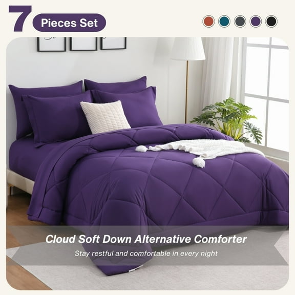 7 Pieces Comforter Set With Sheets, Bed In A Bag All Season Bedding Sets With Comforter, Pillow Shams, Flat Sheet, Fitted Sheet And Pillowcases, Purple King Size