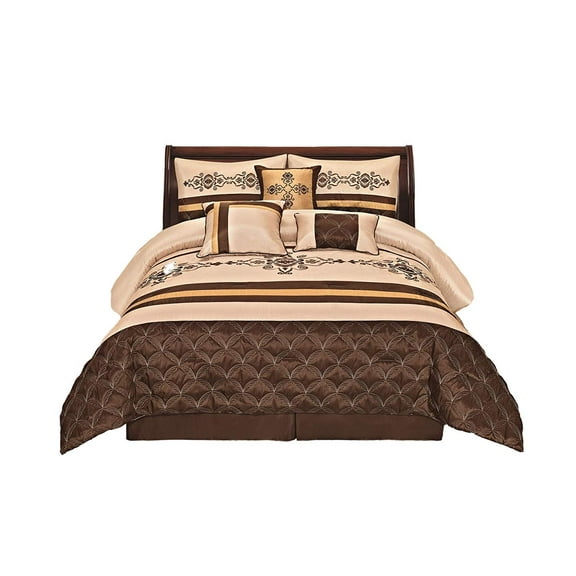 7 Pieces Complete Bedding Ensemble Beige Brown Gold Luxury Embroidery Comforter Set Bed-in-a-bag Bedding- Yasmen King
