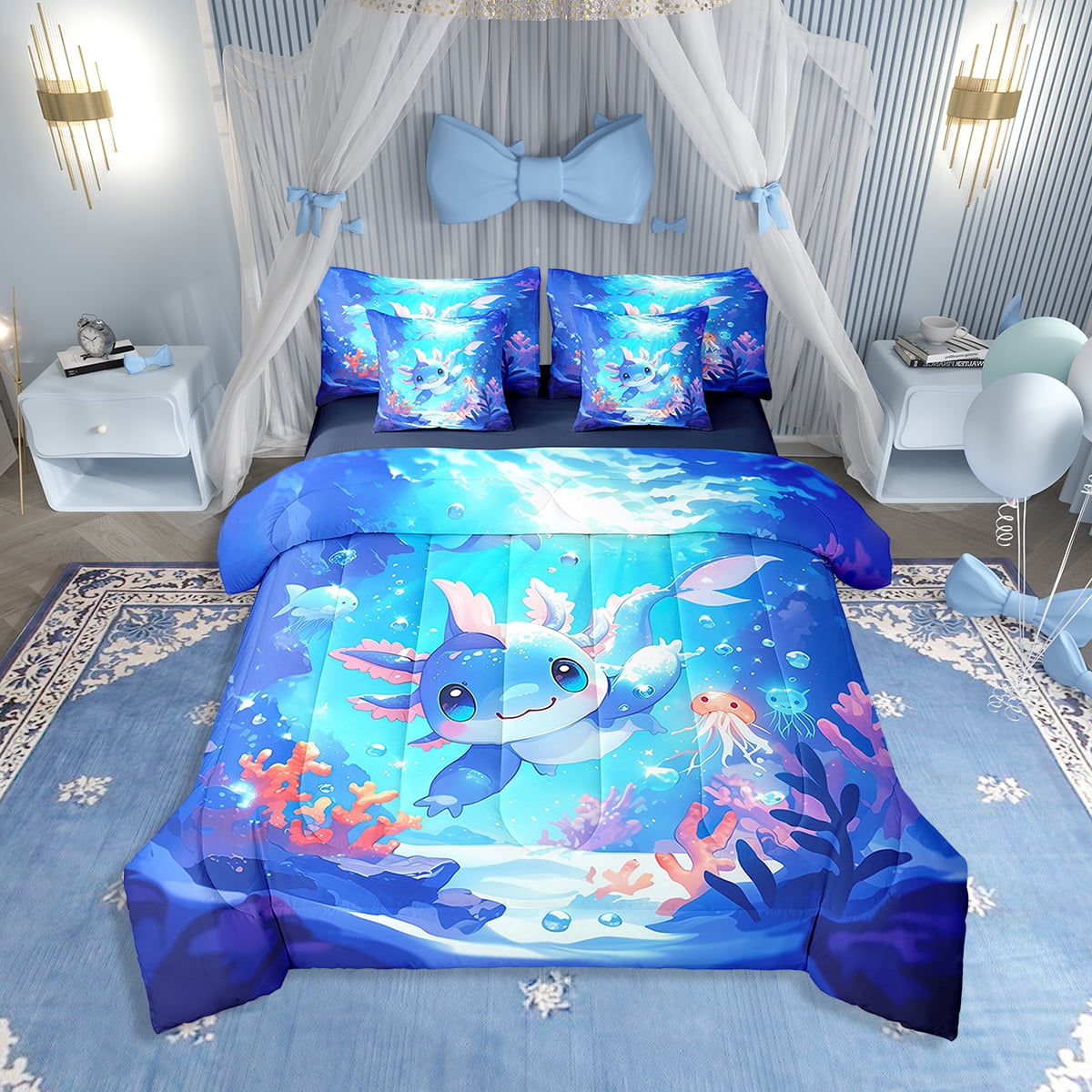 7 Pieces Cute Axolotl Comforter Queen,Coral SeaUnderwater World Ocean ...