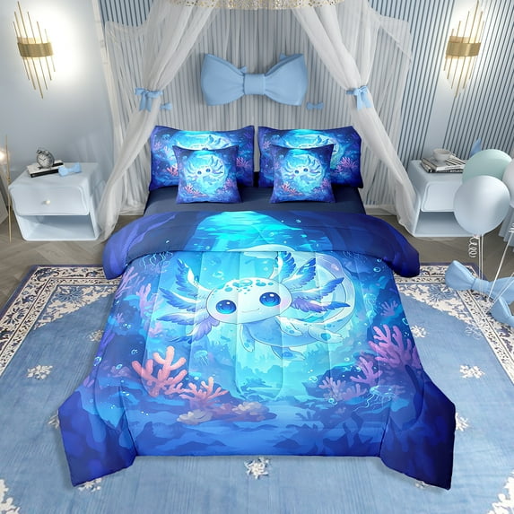 7 Pieces Cute Axolotl Comforter Queen,Coral SeaUnderwater World Ocean Bedding Set,Cartoon Salamander Jellyfish Sea Blue(Comforter+Fitted+Flat Sheet+2 Pillowcases+2 Throw Pillow Covers)
