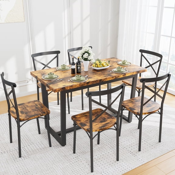 7 Pieces Dining Table , Brown And Steel, Suitable For Kitchen & Living Area, Strong Reliable, Compact Design, Easy To Assemble Maintain 7 - Metal A Stylish Furniture Setup