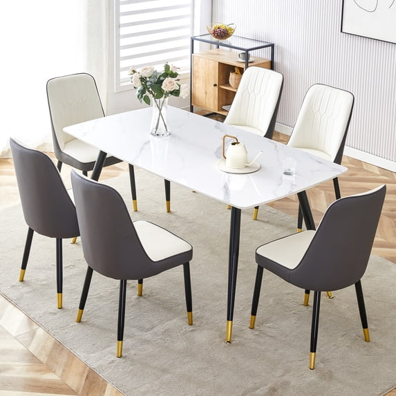 7 Pieces Dining Table Set, Modern Rectangular Faux Marble Kitchen Table and 6 Chairs with Pu Leather Backrest Cushion And Black Metal Legs, for Living Room,White Table+ White and Dark Gray Chairs