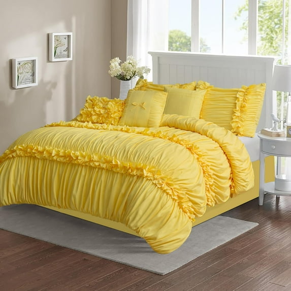 7 Pieces Elegant French Country Bed in a Bag, Bright Yellow Handmade Bow Tie Fluffy Bed Comforter with Down Alternative Filling, Vintage Ruched Bed Sets for Bedroom, Queen (LQ-33)