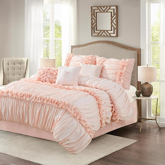 7 Pieces Elegant French Country Bed in a Bag, Peach Pink Handmade Bow Tie Fluffy Bed Comforter with Down Alternative Filling, Vintage Ruched Bed Sets for Bedroom, King (LQ-33)